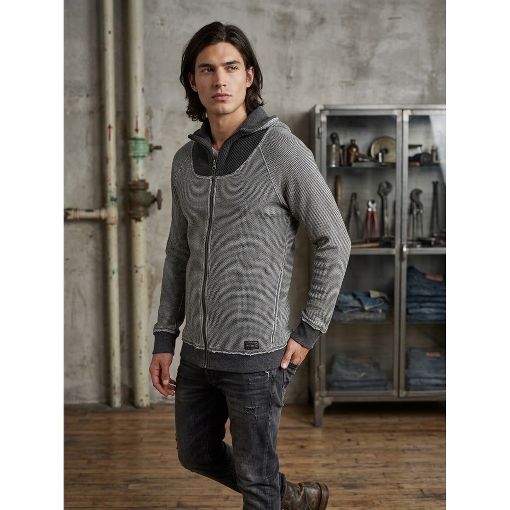 Diesel Industry Mens Grey Waffle Knit Full Zip Mock Neck Sweater Size M